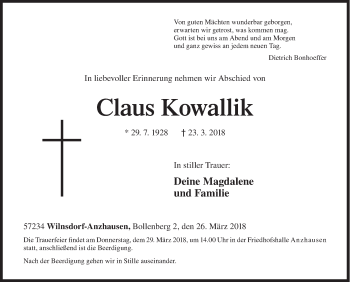 Traueranzeige von Claus Kowallik von Siegener Zeitung