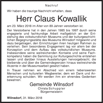 Traueranzeige von Claus Kowallik von Siegener Zeitung