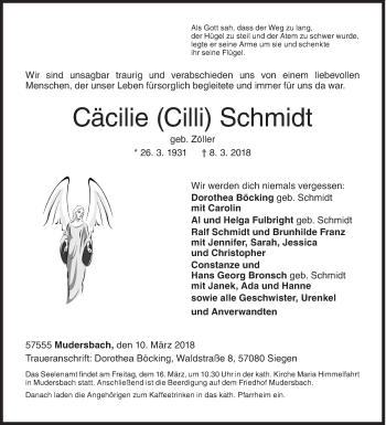 Traueranzeige von Cäcilie  Schmidt von Siegener Zeitung