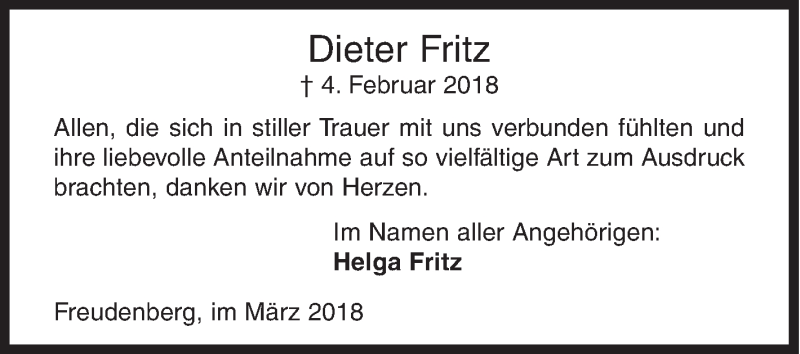  Traueranzeige für Dieter Fritz vom 03.03.2018 aus Siegener Zeitung