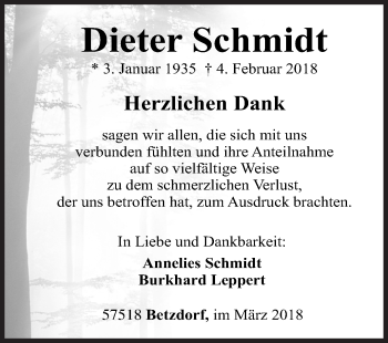 Traueranzeige von Dieter Schmidt von Siegener Zeitung