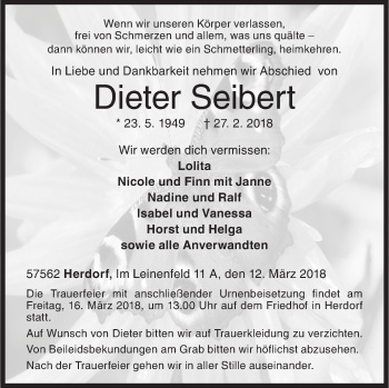 Traueranzeige von Dieter Seibert von Siegener Zeitung