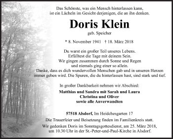 Traueranzeige von Doris Klein von Siegener Zeitung