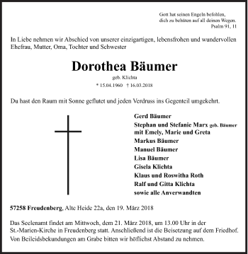 Traueranzeige von Dorothea Bäumer von Siegener Zeitung