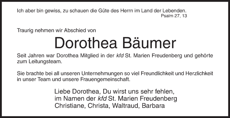  Traueranzeige für Dorothea Bäumer vom 20.03.2018 aus Siegener Zeitung