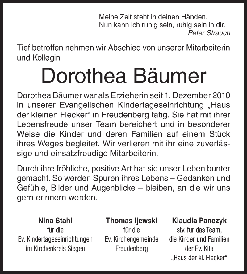 Traueranzeige für Dorothea Bäumer vom 21.03.2018 aus Siegener Zeitung