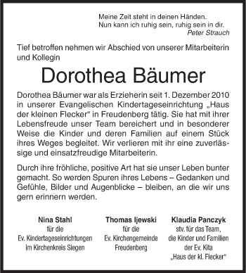 Traueranzeige von Dorothea Bäumer von Siegener Zeitung