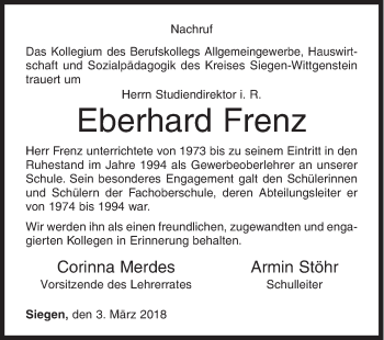 Traueranzeige von Eberhard Frenz von Siegener Zeitung