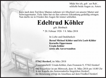 Traueranzeige von Edeltrud Köhler von Siegener Zeitung