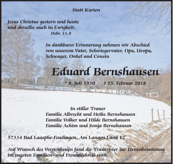 Traueranzeige von Eduard Bernshausen von Siegener Zeitung