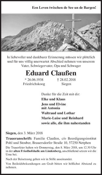 Traueranzeige von Eduard Claußen von Siegener Zeitung