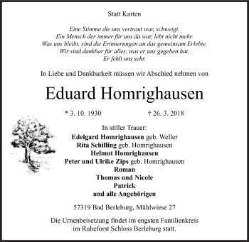 Traueranzeige von Eduard Homrighausen von Siegener Zeitung