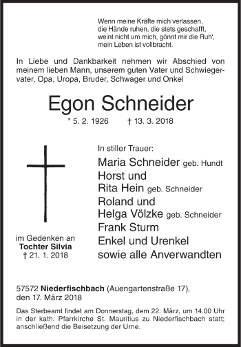 Traueranzeige von Egon Schneider von Siegener Zeitung