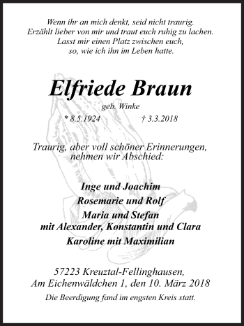 Traueranzeige von Elfriede Braun von Siegener Zeitung