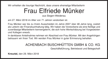 Traueranzeige von Elfriede Münker von Siegener Zeitung