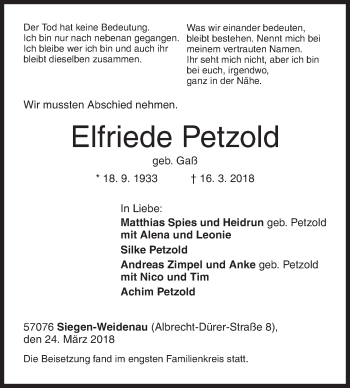 Traueranzeige von Elfriede Petzold von Siegener Zeitung