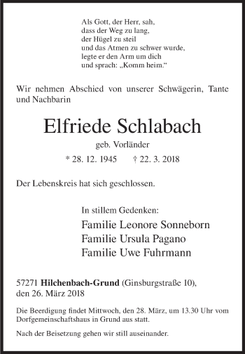 Traueranzeige von Elfriede Schlabach von Siegener Zeitung