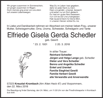 Traueranzeige von Elfriede Gisela Gerda Schedler von Siegener Zeitung