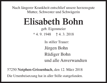 Traueranzeige von Elisabeth Bohn von Siegener Zeitung