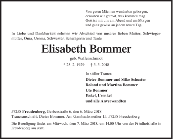 Traueranzeige von Elisabeth Bommer von Siegener Zeitung