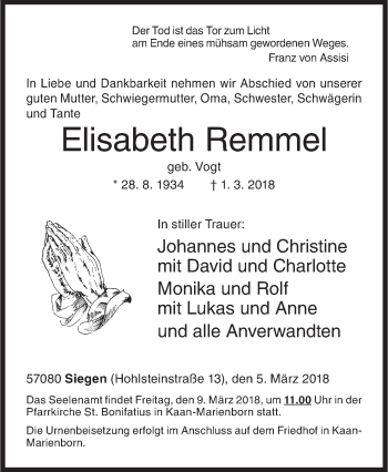 Traueranzeige von Elisabeth Remmel von Siegener Zeitung