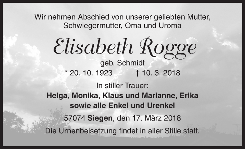  Traueranzeige für Elisabeth Rogge vom 17.03.2018 aus Siegener Zeitung