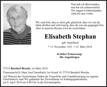 Traueranzeige von Elisabeth Stephan von Siegener Zeitung