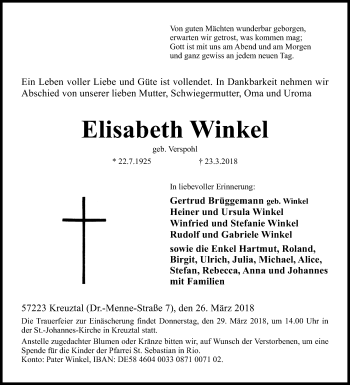 Traueranzeige von Elisabeth Winkel von Siegener Zeitung