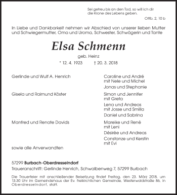 Traueranzeige von Elsa Schmenn von Siegener Zeitung