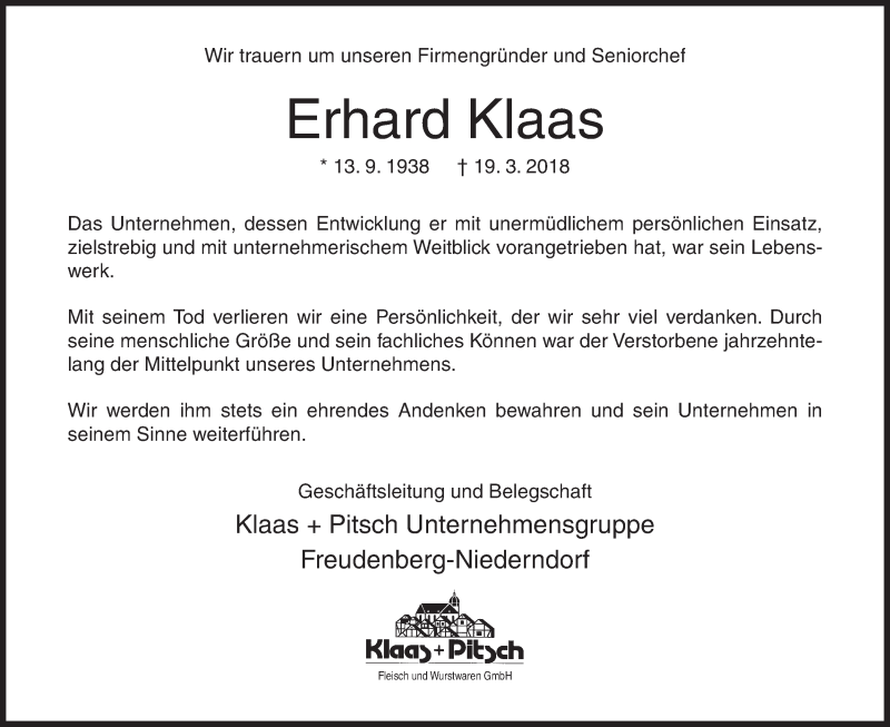  Traueranzeige für Erhard Klaas vom 21.03.2018 aus Siegener Zeitung