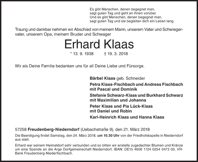  Traueranzeige für Erhard Klaas vom 21.03.2018 aus Siegener Zeitung