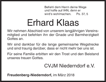Traueranzeige von Erhard Klaas von Siegener Zeitung