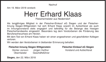 Traueranzeige von Erhard Klaas von Siegener Zeitung