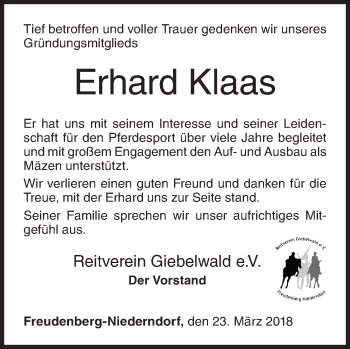 Traueranzeige von Erhard Klaas von Siegener Zeitung