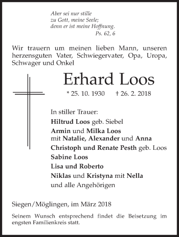 Traueranzeige von Erhard Loos von Siegener Zeitung