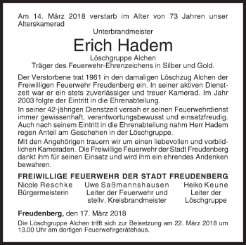 Traueranzeige von Erich Hadem von Siegener Zeitung