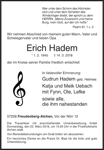 Traueranzeige von Erich Hadem von Siegener Zeitung