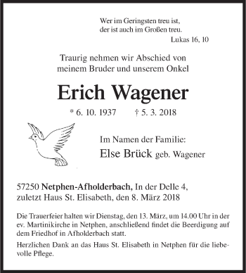 Traueranzeige von Erich Wagener von Siegener Zeitung