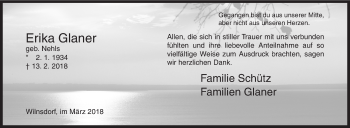 Traueranzeige von Erika Glaner von Siegener Zeitung