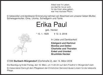 Traueranzeige von Erika Paul von Siegener Zeitung