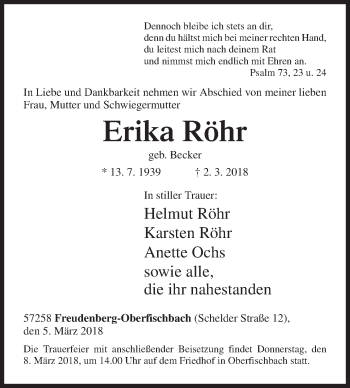 Traueranzeige von Erika Röhr von Siegener Zeitung