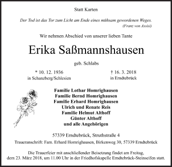 Traueranzeige von Erika Saßmannshausen von Siegener Zeitung