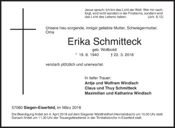 Traueranzeige von Erika Schmitteck von Siegener Zeitung