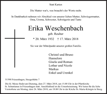 Traueranzeige von Erika Weschenbach von Siegener Zeitung