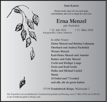 Traueranzeige von Erna Menzel von Siegener Zeitung