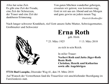 Traueranzeige von Erna Roth von Siegener Zeitung