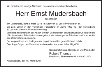 Traueranzeige von Ernst Mudersbach von Siegener Zeitung