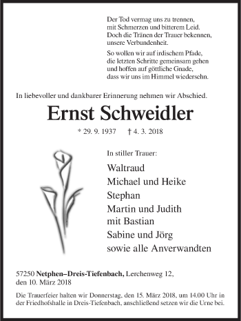 Traueranzeige von Ernst Schweidler von Siegener Zeitung