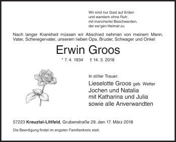 Traueranzeige von Erwin Groos von Siegener Zeitung