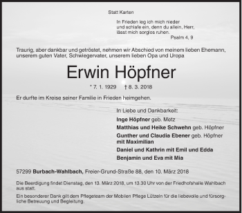Traueranzeige von Erwin Höpfner von Siegener Zeitung